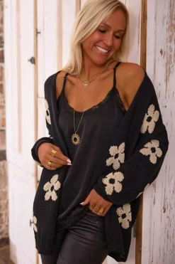 Fashion Dear-Lover Floral Print Knitted Open Front Loose Cardigan Black