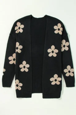 Fashion Dear-Lover Floral Print Knitted Open Front Loose Cardigan Black