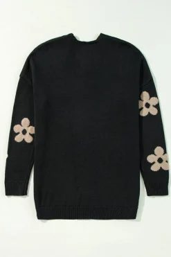 Fashion Dear-Lover Floral Print Knitted Open Front Loose Cardigan Black