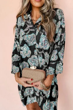 Outlet Dear-Lover Floral Print Lapel Collar Loose Shirt Mini Dress Black