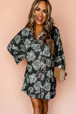 Outlet Dear-Lover Floral Print Lapel Collar Loose Shirt Mini Dress Black