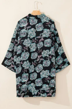 Outlet Dear-Lover Floral Print Lapel Collar Loose Shirt Mini Dress Black
