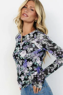 Best Dear-Lover Floral Print Mesh Fitted Long Sleeve Top Black