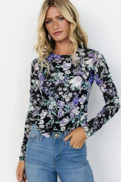 Best Dear-Lover Floral Print Mesh Fitted Long Sleeve Top Black