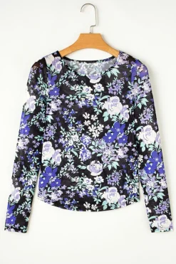 Best Dear-Lover Floral Print Mesh Fitted Long Sleeve Top Black