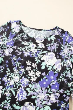 Best Dear-Lover Floral Print Mesh Fitted Long Sleeve Top Black