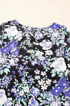 Best Dear-Lover Floral Print Mesh Fitted Long Sleeve Top Black