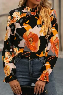 Online Dear-Lover Floral Print Mock Neck Blouse Black