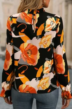 Online Dear-Lover Floral Print Mock Neck Blouse Black