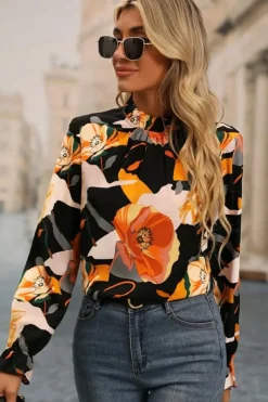 Online Dear-Lover Floral Print Mock Neck Blouse Black
