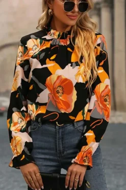 Online Dear-Lover Floral Print Mock Neck Blouse Black