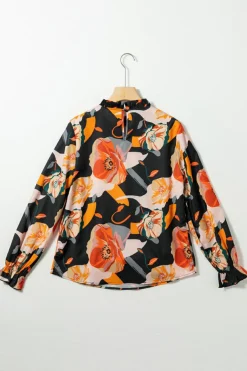 Online Dear-Lover Floral Print Mock Neck Blouse Black