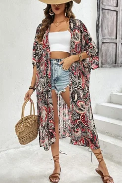 Outlet Dear-Lover Floral Print Side Slit Open Front Long Kimono Black