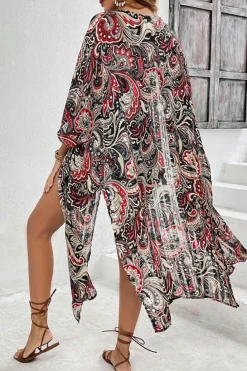 Outlet Dear-Lover Floral Print Side Slit Open Front Long Kimono Black
