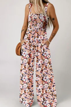 Online Dear-Lover Floral Print Smocked High Waist Square Neck Jumpsuit Black
