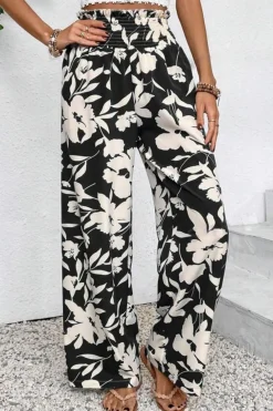 Sale Dear-Lover Floral Print Smocked High Waist Wide Leg Pants Black