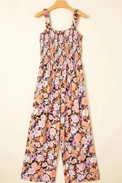 Online Dear-Lover Floral Print Smocked High Waist Square Neck Jumpsuit Black