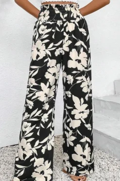 Sale Dear-Lover Floral Print Smocked High Waist Wide Leg Pants Black