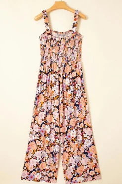 Online Dear-Lover Floral Print Smocked High Waist Square Neck Jumpsuit Black