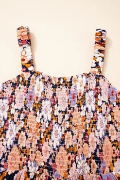 Online Dear-Lover Floral Print Smocked High Waist Square Neck Jumpsuit Black