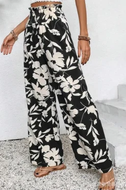 Sale Dear-Lover Floral Print Smocked High Waist Wide Leg Pants Black
