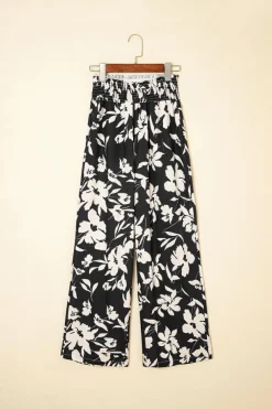 Sale Dear-Lover Floral Print Smocked High Waist Wide Leg Pants Black