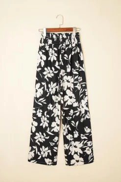 Sale Dear-Lover Floral Print Smocked High Waist Wide Leg Pants Black
