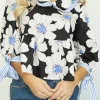 New Dear-Lover Floral Print Striped Tie Sleeve Collared V Neck Blouse Black