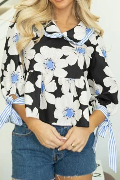 New Dear-Lover Floral Print Striped Tie Sleeve Collared V Neck Blouse Black