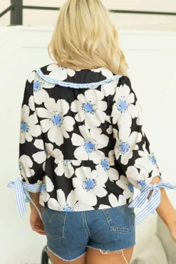 New Dear-Lover Floral Print Striped Tie Sleeve Collared V Neck Blouse Black