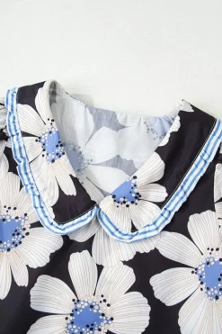 New Dear-Lover Floral Print Striped Tie Sleeve Collared V Neck Blouse Black