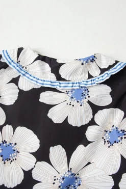 New Dear-Lover Floral Print Striped Tie Sleeve Collared V Neck Blouse Black