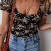 Fashion Dear-Lover Floral Print U Neck Short Puff Sleeve Bodysuit Black