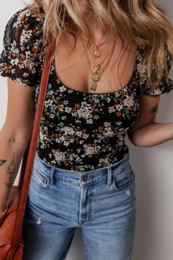 Fashion Dear-Lover Floral Print U Neck Short Puff Sleeve Bodysuit Black