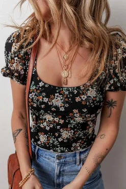 Fashion Dear-Lover Floral Print U Neck Short Puff Sleeve Bodysuit Black