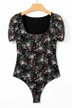 Fashion Dear-Lover Floral Print U Neck Short Puff Sleeve Bodysuit Black