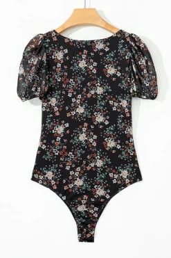 Fashion Dear-Lover Floral Print U Neck Short Puff Sleeve Bodysuit Black