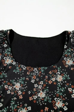Fashion Dear-Lover Floral Print U Neck Short Puff Sleeve Bodysuit Black