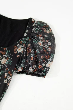Fashion Dear-Lover Floral Print U Neck Short Puff Sleeve Bodysuit Black