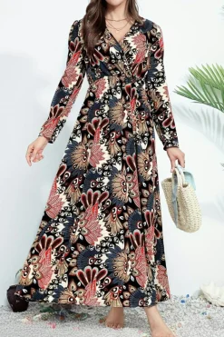 New Dear-Lover Floral Print V Neck Wrap High Waist Maxi Dress Black