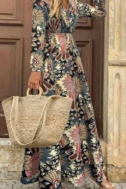 New Dear-Lover Floral Print V Neck Wrap High Waist Maxi Dress Black