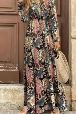 New Dear-Lover Floral Print V Neck Wrap High Waist Maxi Dress Black