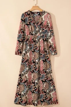 New Dear-Lover Floral Print V Neck Wrap High Waist Maxi Dress Black