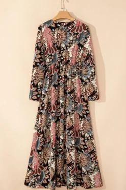 New Dear-Lover Floral Print V Neck Wrap High Waist Maxi Dress Black