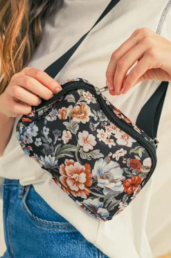 Hot Dear-Lover Floral Print Zipper Wide Strap Sling Bag Black