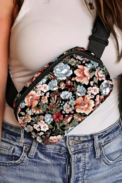 Hot Dear-Lover Floral Print Zipper Wide Strap Sling Bag Black