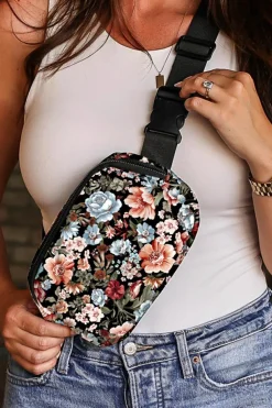 Hot Dear-Lover Floral Print Zipper Wide Strap Sling Bag Black