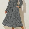 Discount Dear-Lover Floral Printed Long Sleeve Square Neck Midi Dress Black