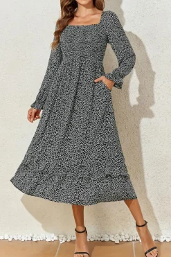 Discount Dear-Lover Floral Printed Long Sleeve Square Neck Midi Dress Black