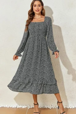 Discount Dear-Lover Floral Printed Long Sleeve Square Neck Midi Dress Black